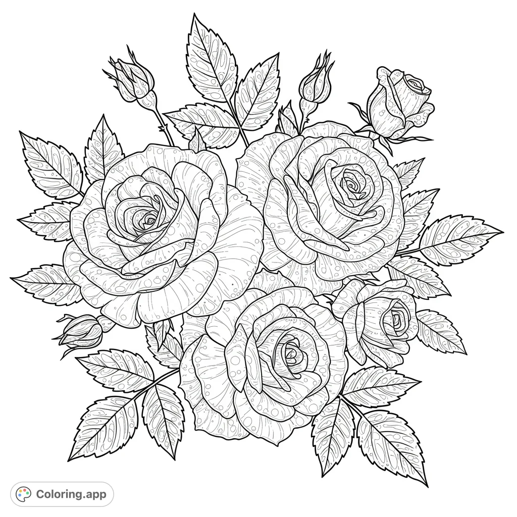An elegant floral coloring page featuring a lush rose bouquet with intricate petals, detailed leaves, and delicate dewdrops, perfect for mindful coloring.