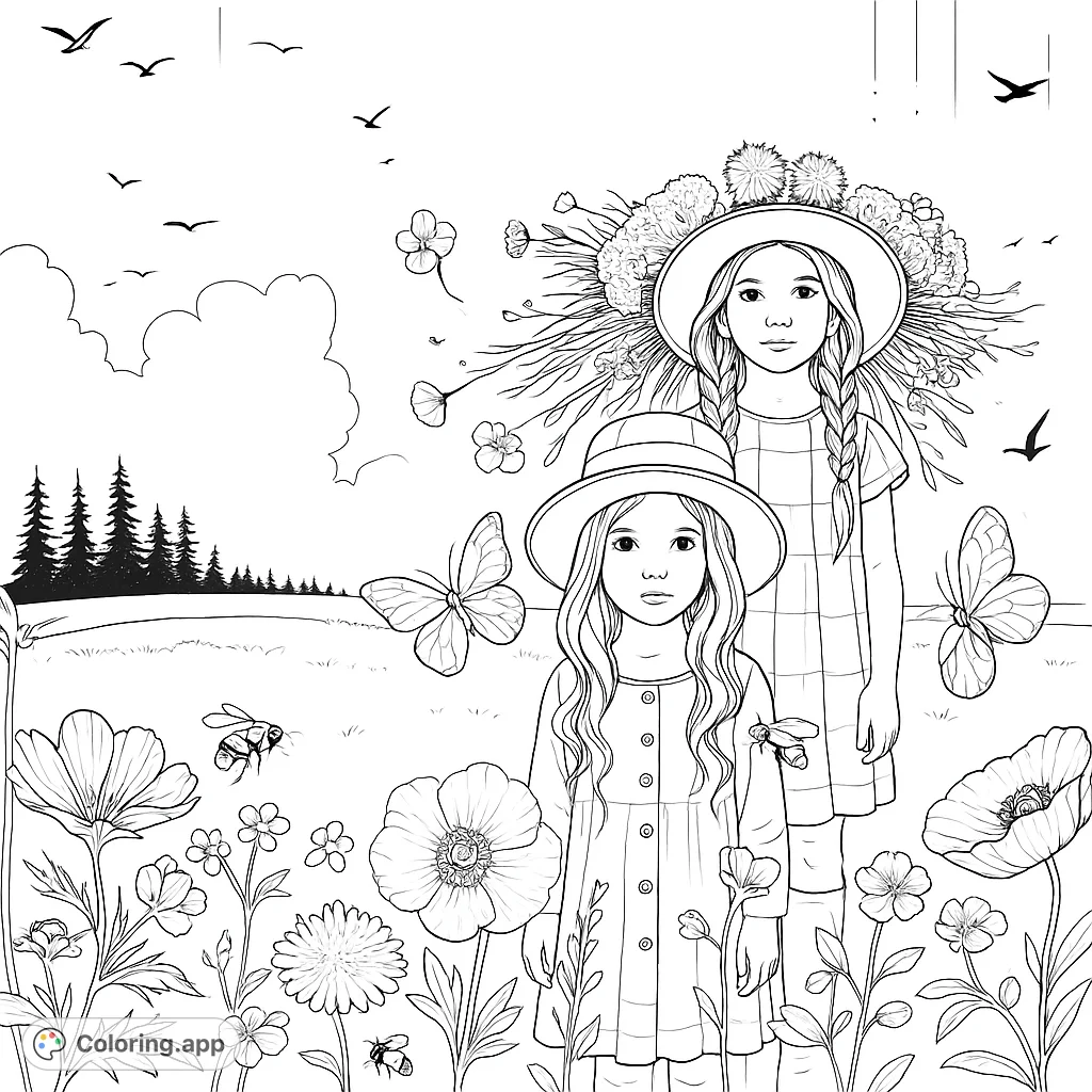 Delightful spring scene with two girls in hats, surrounded by flowers and butterflies. A whimsical coloring page for kids and adults alike.