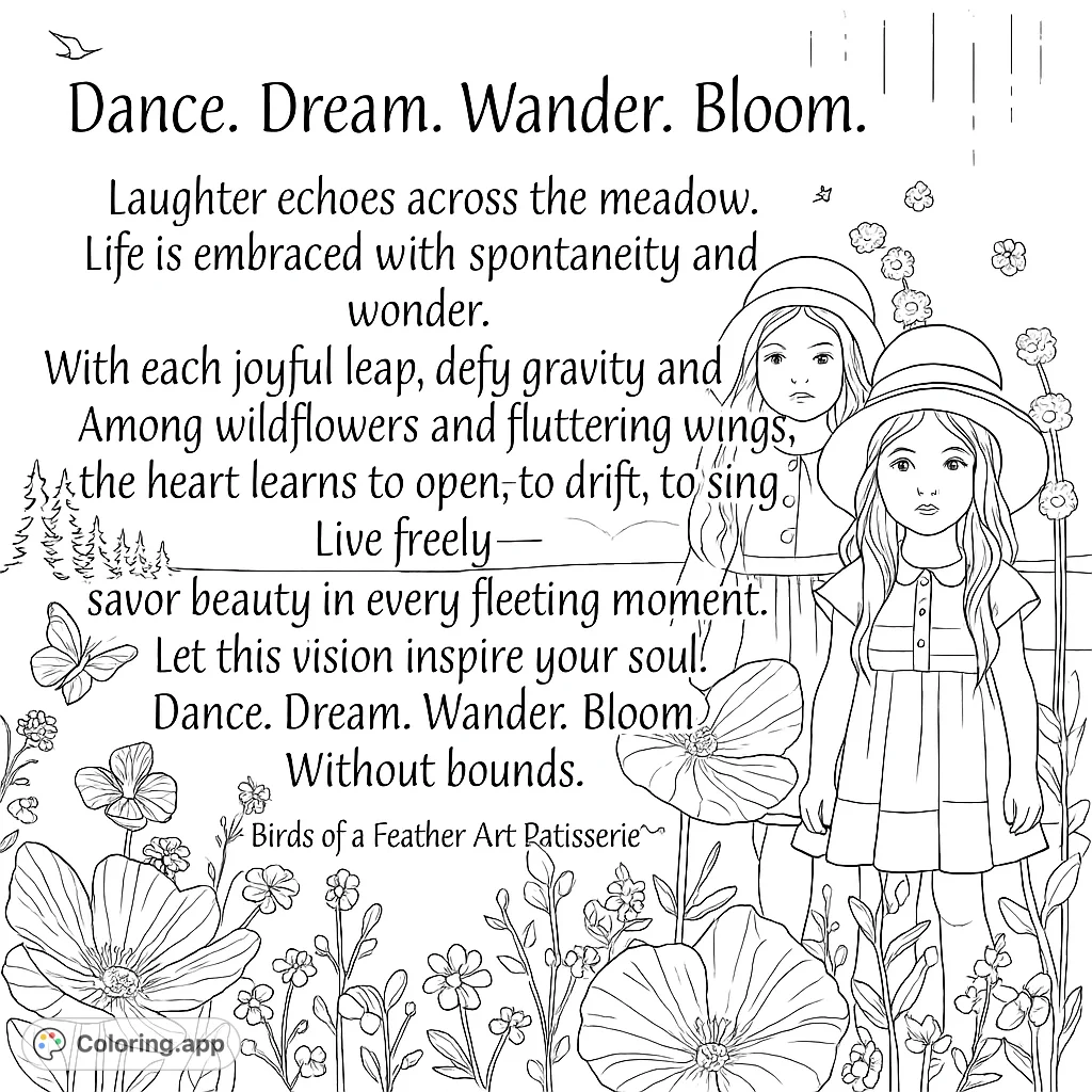 Enchanting coloring page with two girls in a meadow, surrounded by flowers and butterflies. A whimsical scene to inspire creativity and joy!