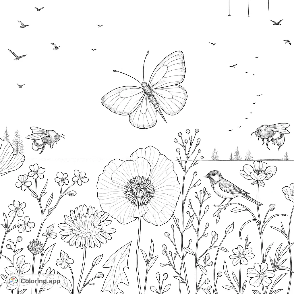 Delightful spring meadow coloring page featuring a butterfly, bumblebees, bird, and wildflowers. A beautiful nature scene to color!