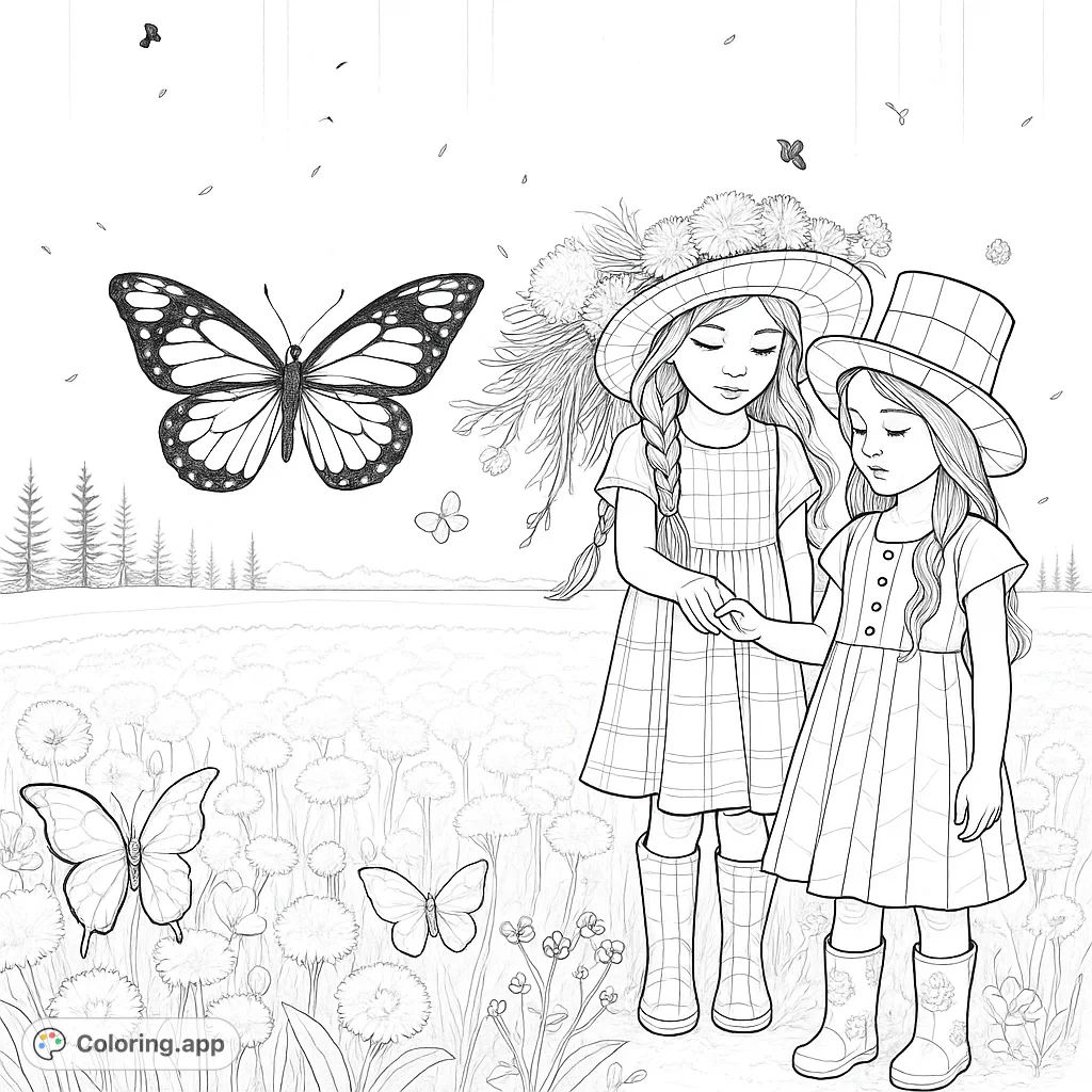 Delightful coloring page of two girls in a field with butterflies. A whimsical scene to color, perfect for kids who love nature and fantasy art.