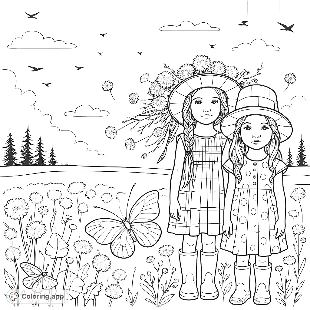 Two girls in flower hats stand in a field with a butterfly. A whimsical coloring page for kids who love nature and imaginative scenes.