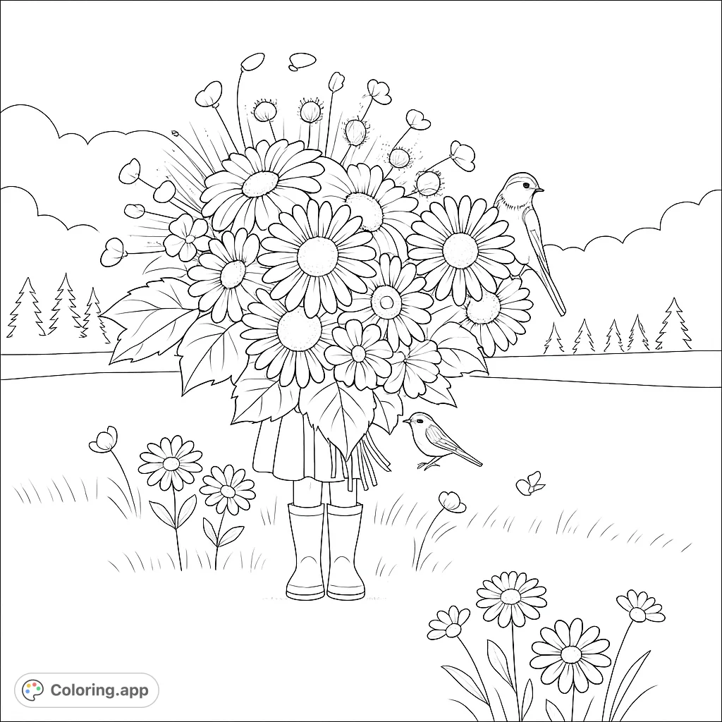 A whimsical coloring page of a girl with a bouquet of flowers. This drawing features a playful design, perfect for creative coloring fun.