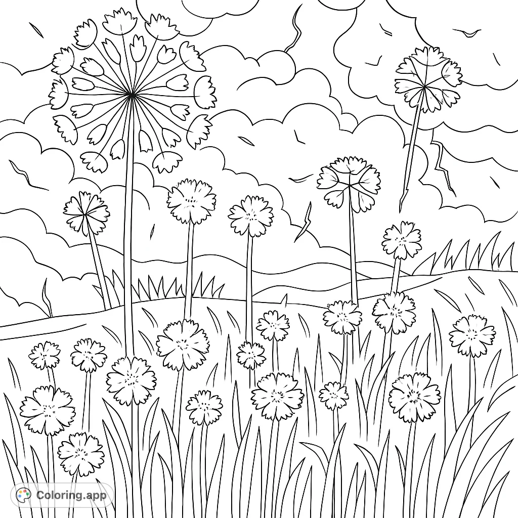 A serene dandelion field coloring page with various wildflowers and a cloudy sky, perfect for nature lovers. Free printable coloring page for all ages.