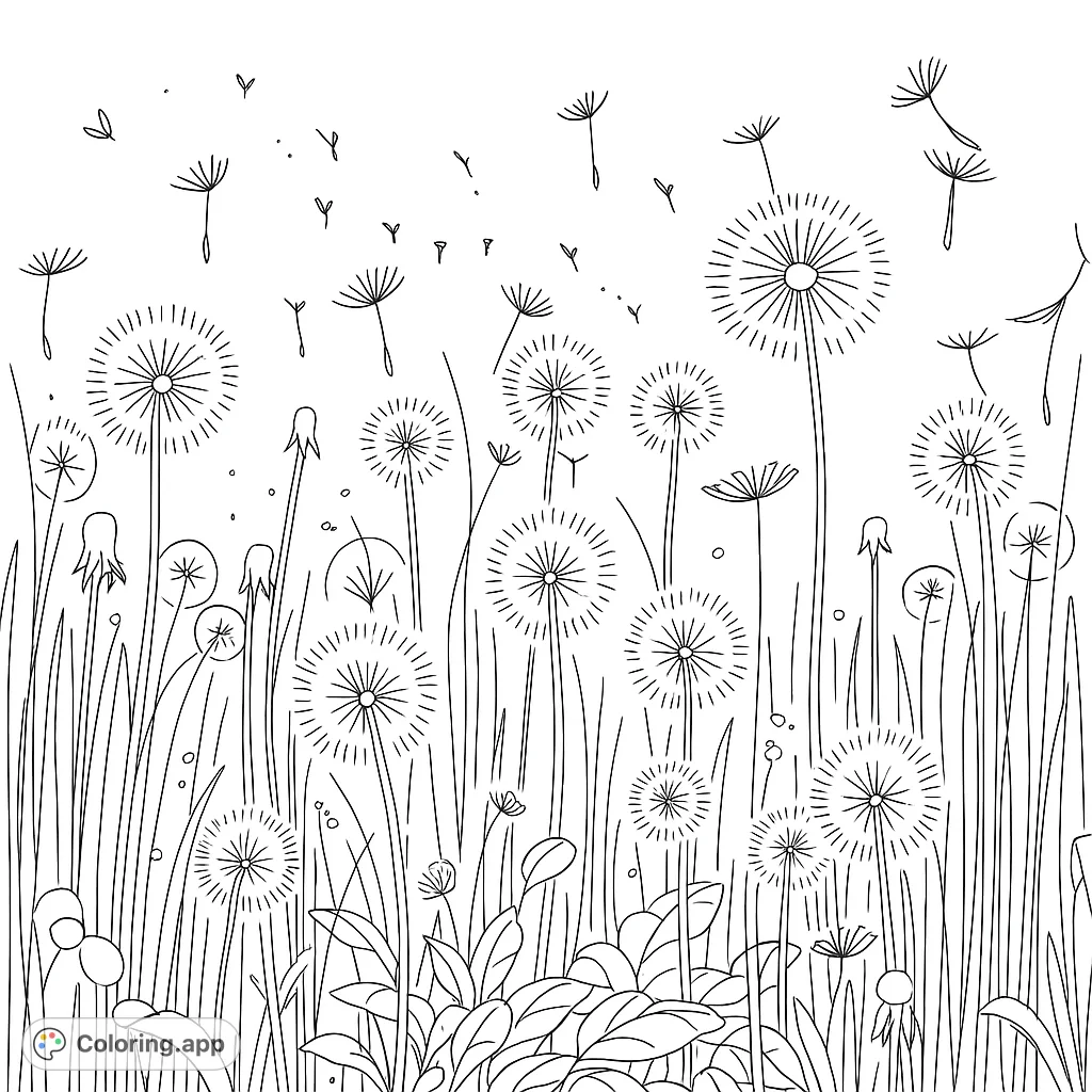 A charming dandelion field with fluffy seed heads and floating seeds, a delightful nature coloring page for all ages.