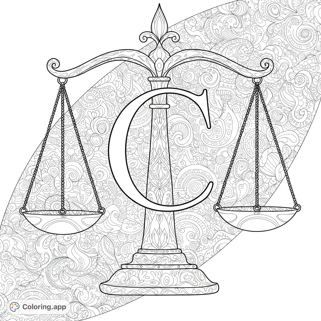 Intricate balance scale with a decorative letter 'C' and a swirling patterned background. A detailed free printable coloring page for adults and kids.