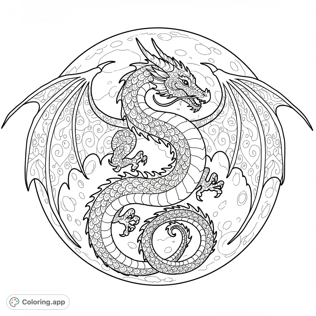An intricate dragon with patterned wings coiled against a full moon. A detailed fantasy coloring page for adults and teens.