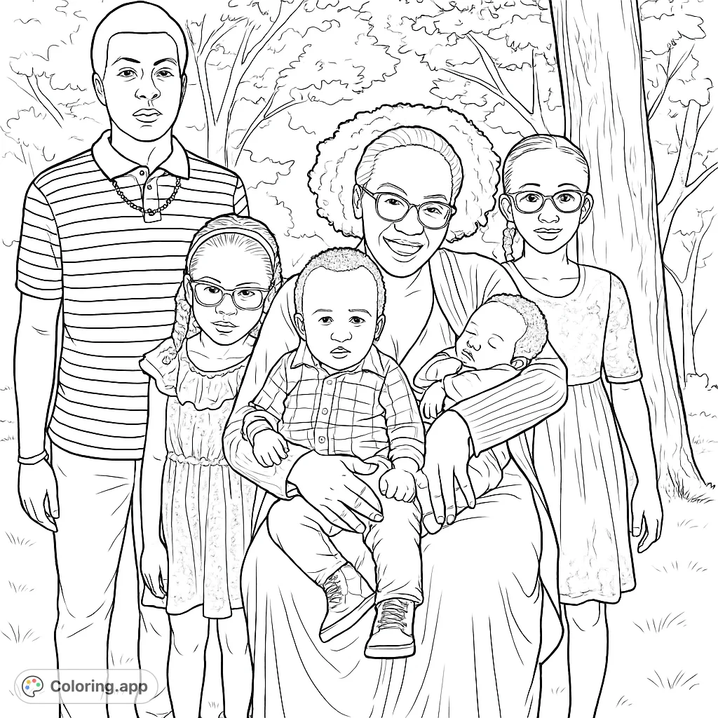 A heartwarming family portrait featuring five members outdoors, perfect for a free printable family coloring page for all ages.