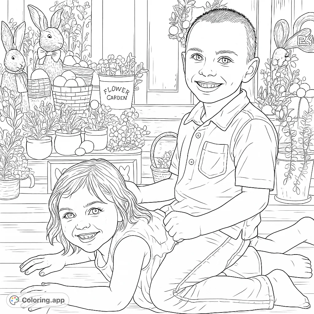 A delightful Easter children coloring page featuring two smiling siblings amidst festive spring decorations, perfect for a joyful coloring experience.