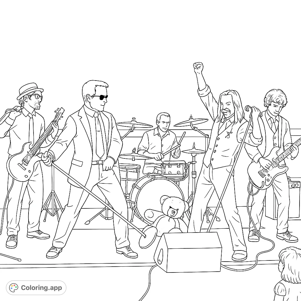 Experience the energy of a live rock band concert! This detailed rock band coloring page features musicians, instruments, and a stage for creative coloring fun.