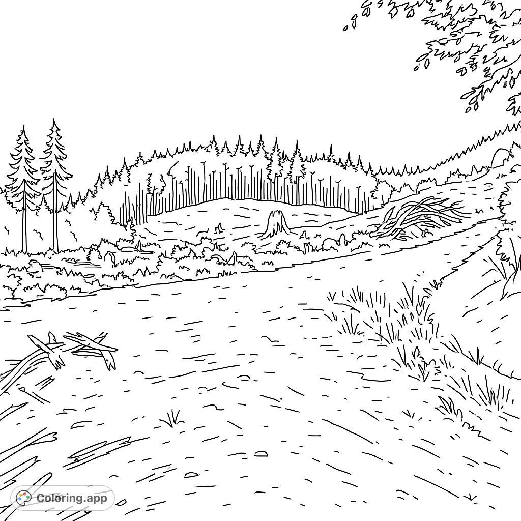 Explore a serene forest clearing coloring page featuring tall trees, a tree stump, and scattered logs, perfect for nature lovers.