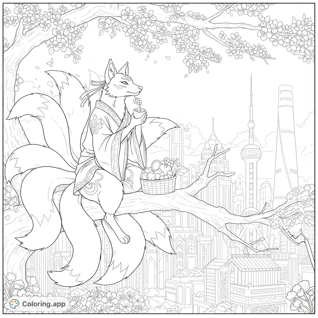 A majestic nine-tailed Kitsune in a kimono sits on a cherry blossom branch overlooking a detailed cityscape. A captivating Japanese folklore coloring page, perfect for adults.