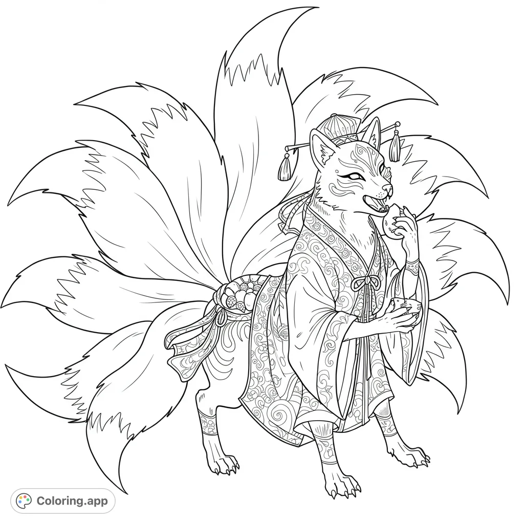 Discover a majestic nine-tailed Kitsune in a detailed kimono, holding a treat and cup. A captivating Japanese folklore coloring page for all ages.