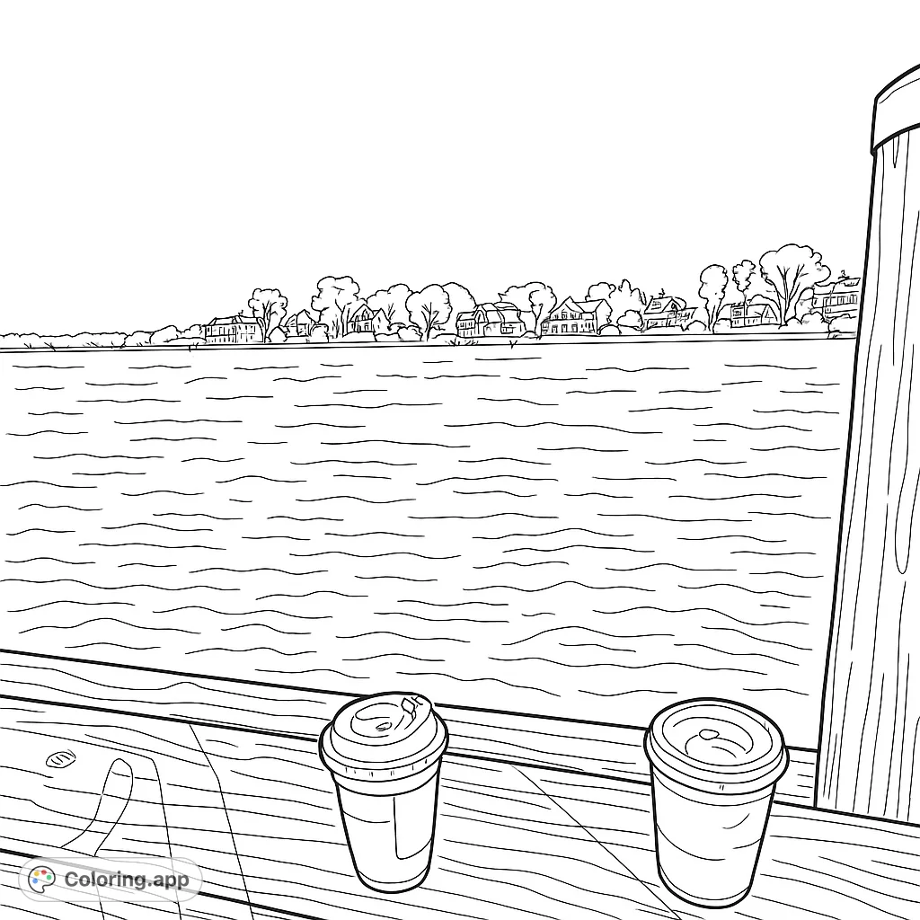Enjoy a peaceful dockside view with two coffee cups, calm water, and a distant town. A relaxing free printable coloring page for all ages.