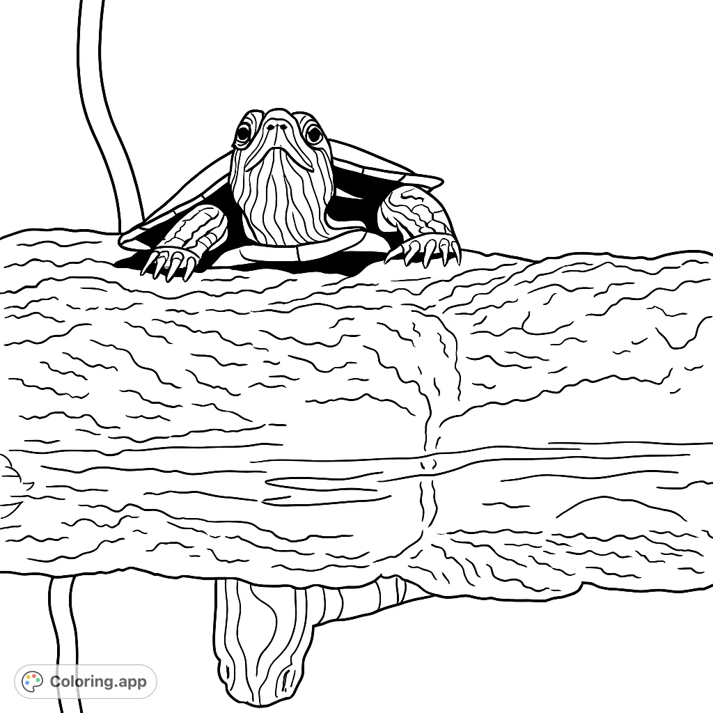 A charming turtle coloring page featuring a curious turtle perched on a textured log, with its reflection visible in the water below. Perfect for nature lovers!
