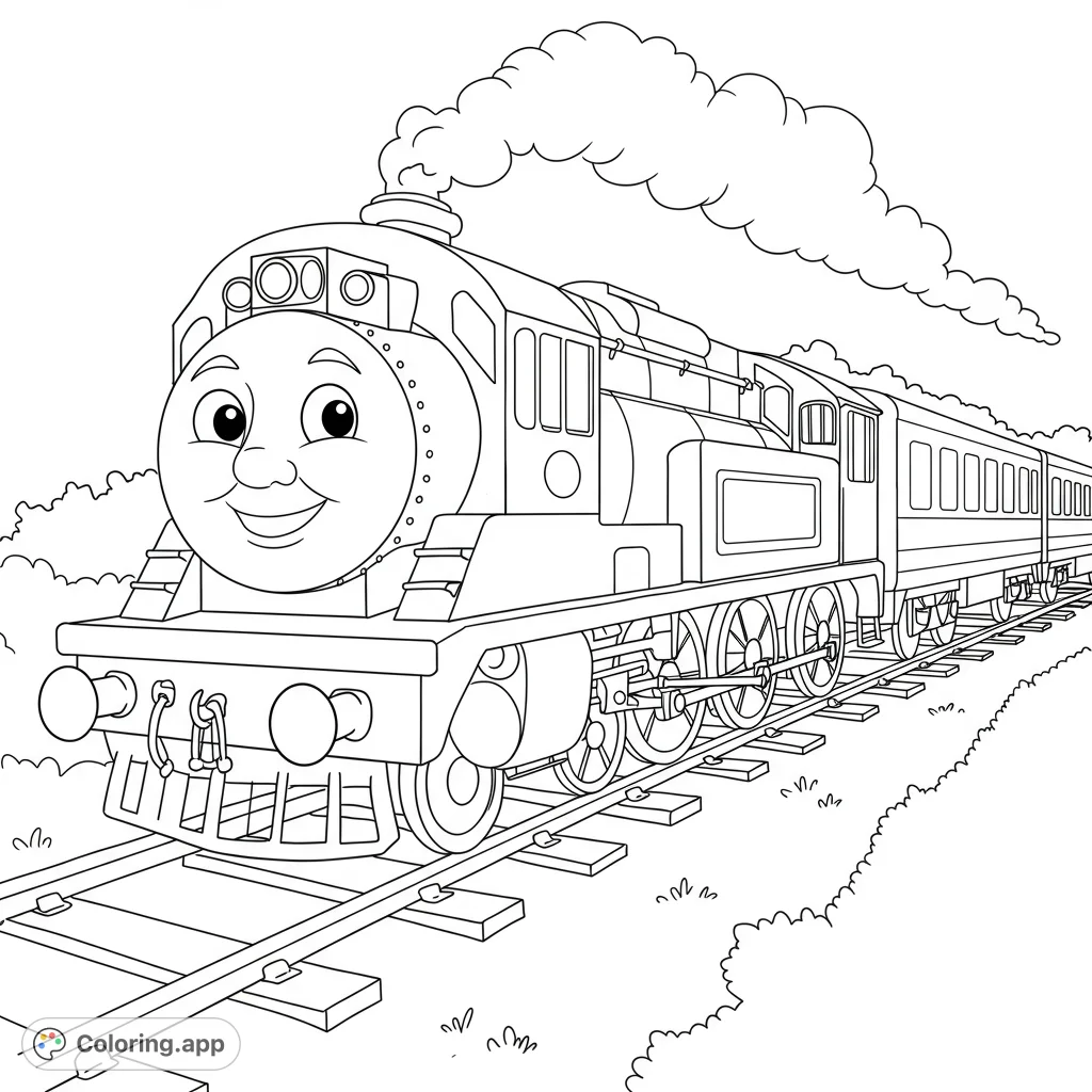 A charming steam train with a friendly face chugs along tracks, emitting smoke. Perfect for a delightful train coloring page adventure for all ages!