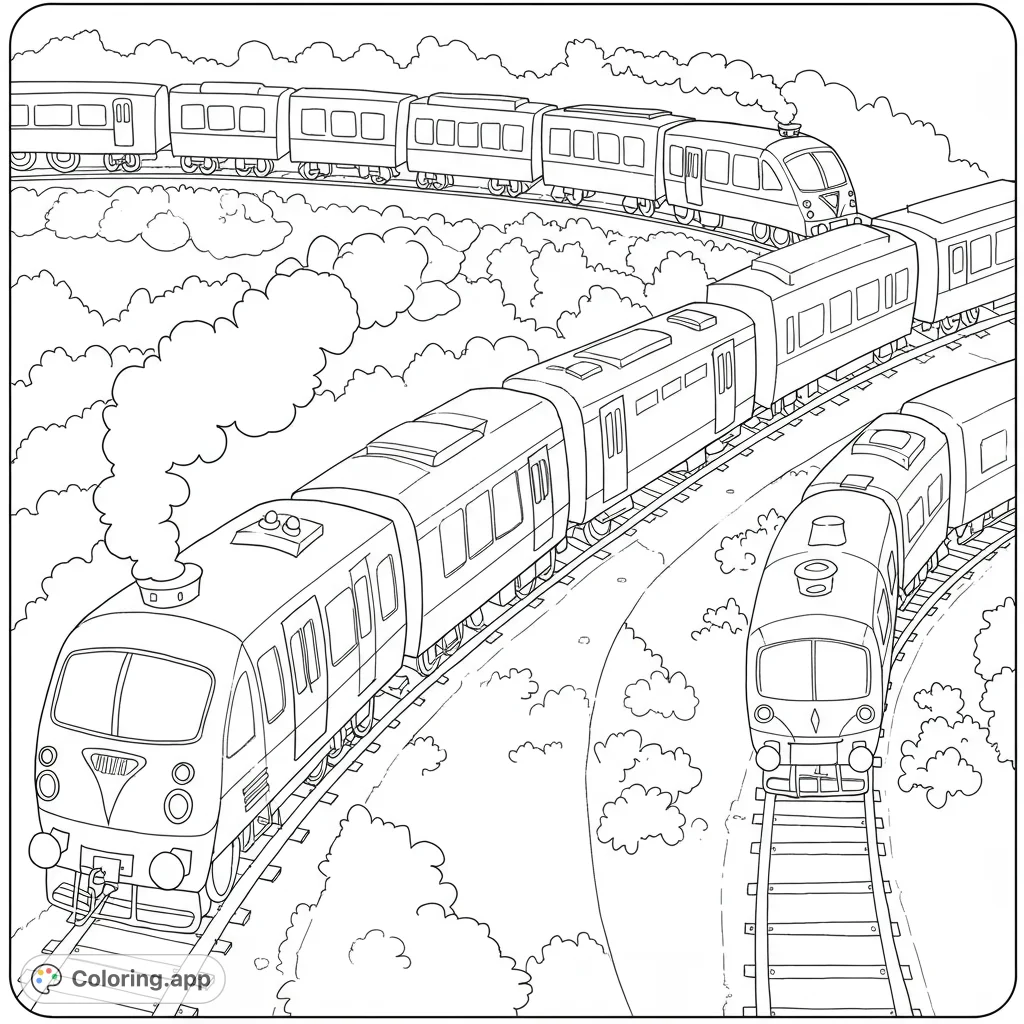A dynamic train coloring page featuring three detailed passenger trains on winding tracks, surrounded by fluffy clouds and open sky, perfect for all ages.