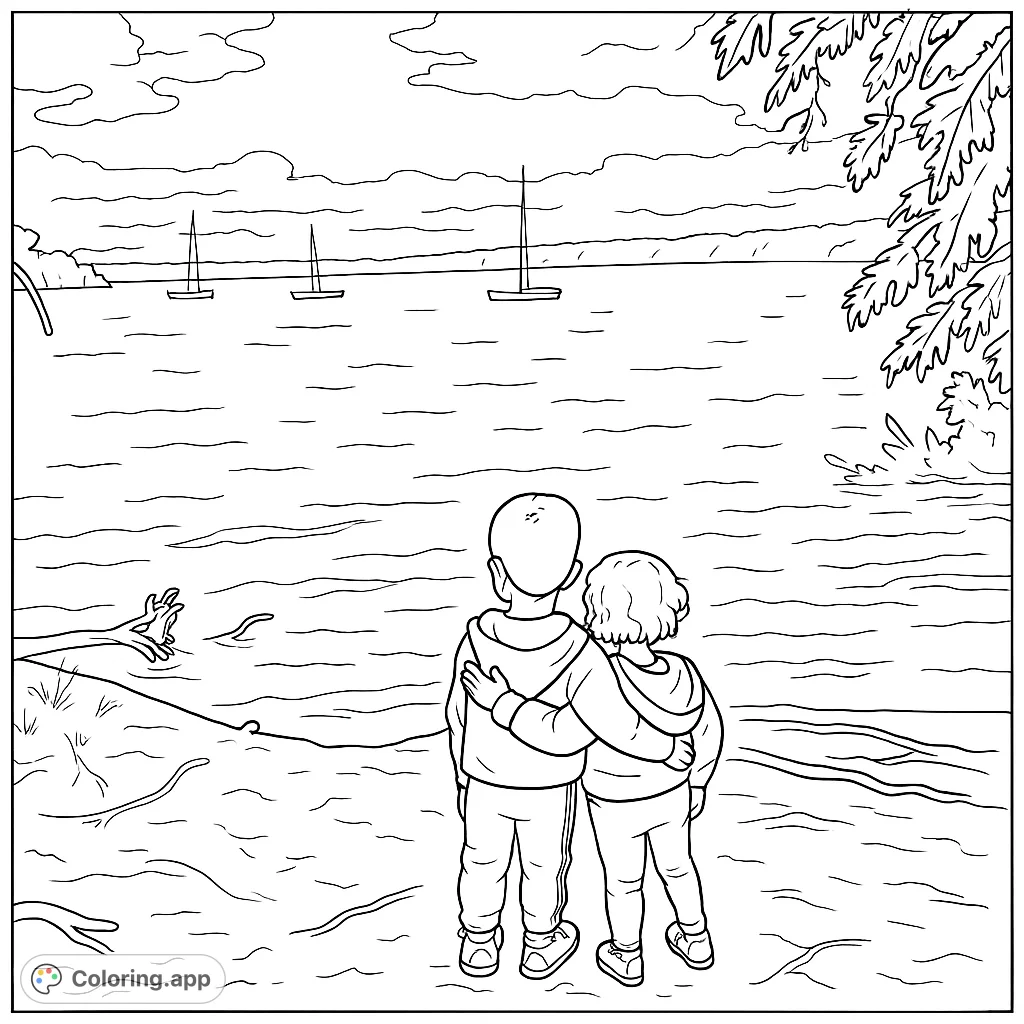 A heartwarming lake scene coloring page featuring two children watching sailboats, perfect for a free printable coloring page. Enjoy this serene nature coloring page.