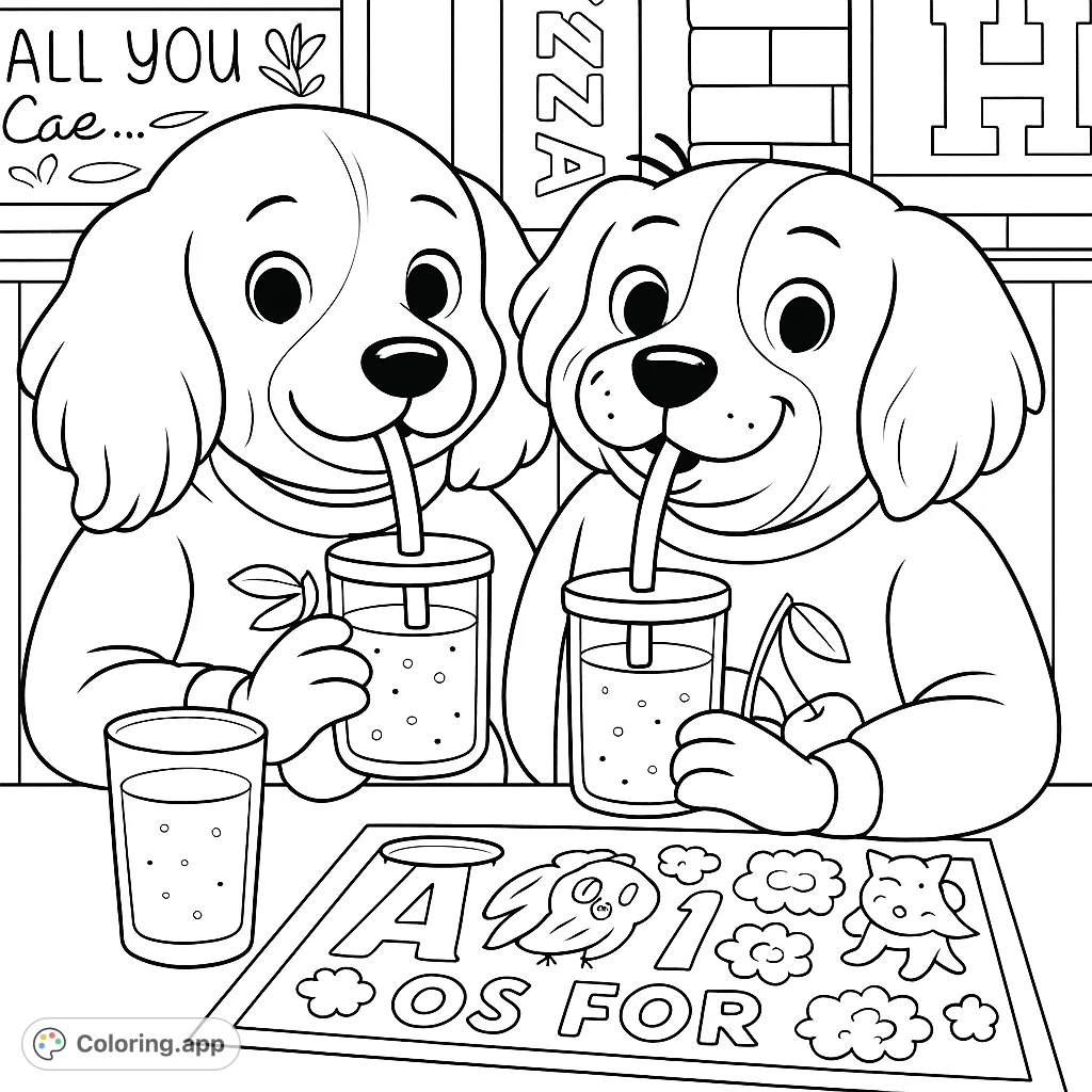 Two adorable puppies enjoy refreshing smoothies at a cafe, with fun details like a learning placemat. A delightful puppy friends coloring page, free printable coloring page for kids!