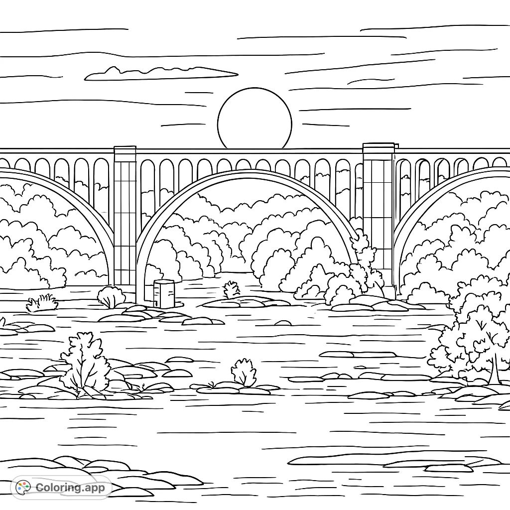 A majestic arched bridge spans a rocky river at sunset, with dense trees and a vibrant sky. Perfect for a scenic coloring escape.