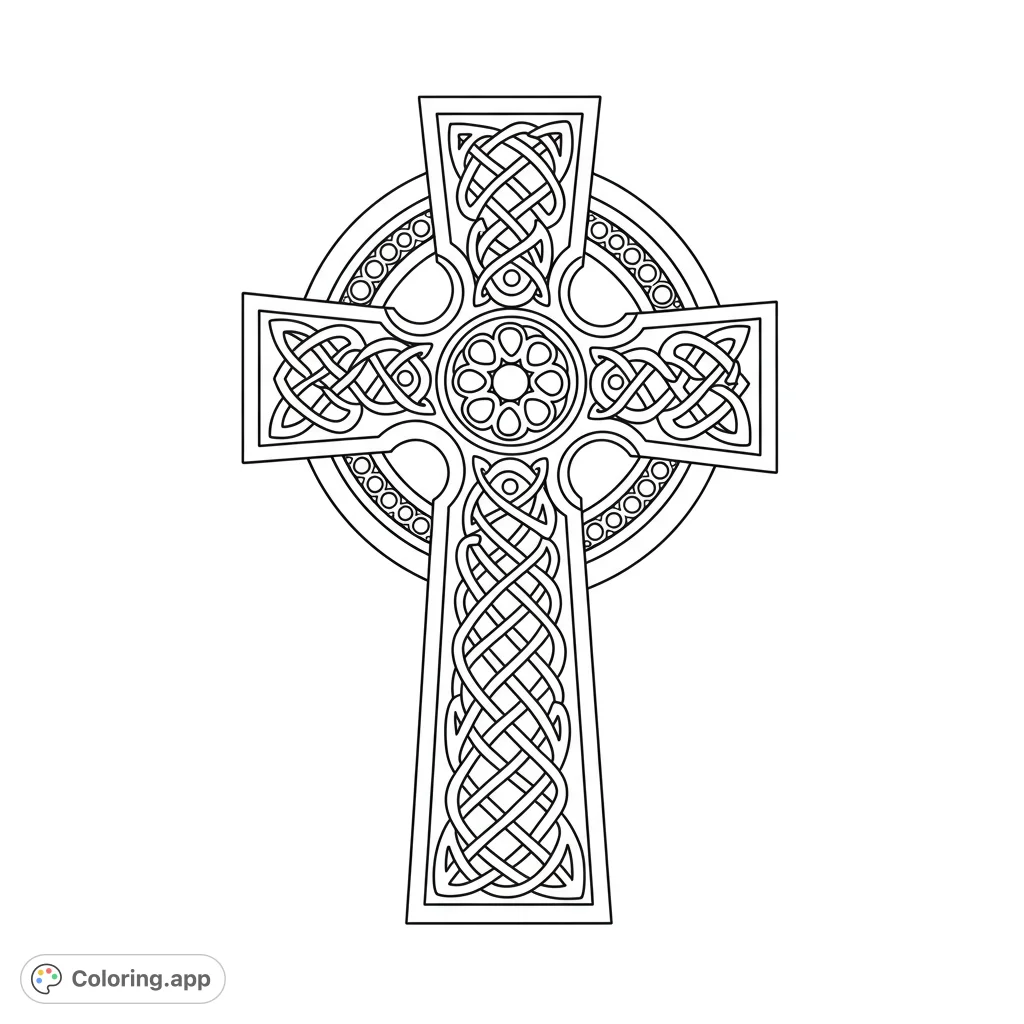 Intricate Celtic cross coloring page. Features detailed knotwork and a classic design.