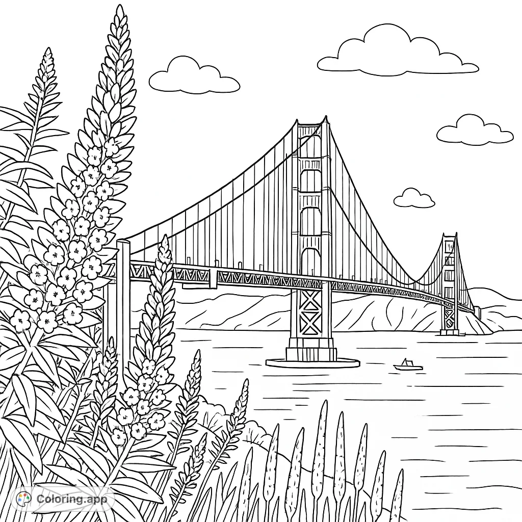 Color an iconic suspension bridge spanning a vast waterway, framed by detailed foreground flora, with distant hills and a clear sky.