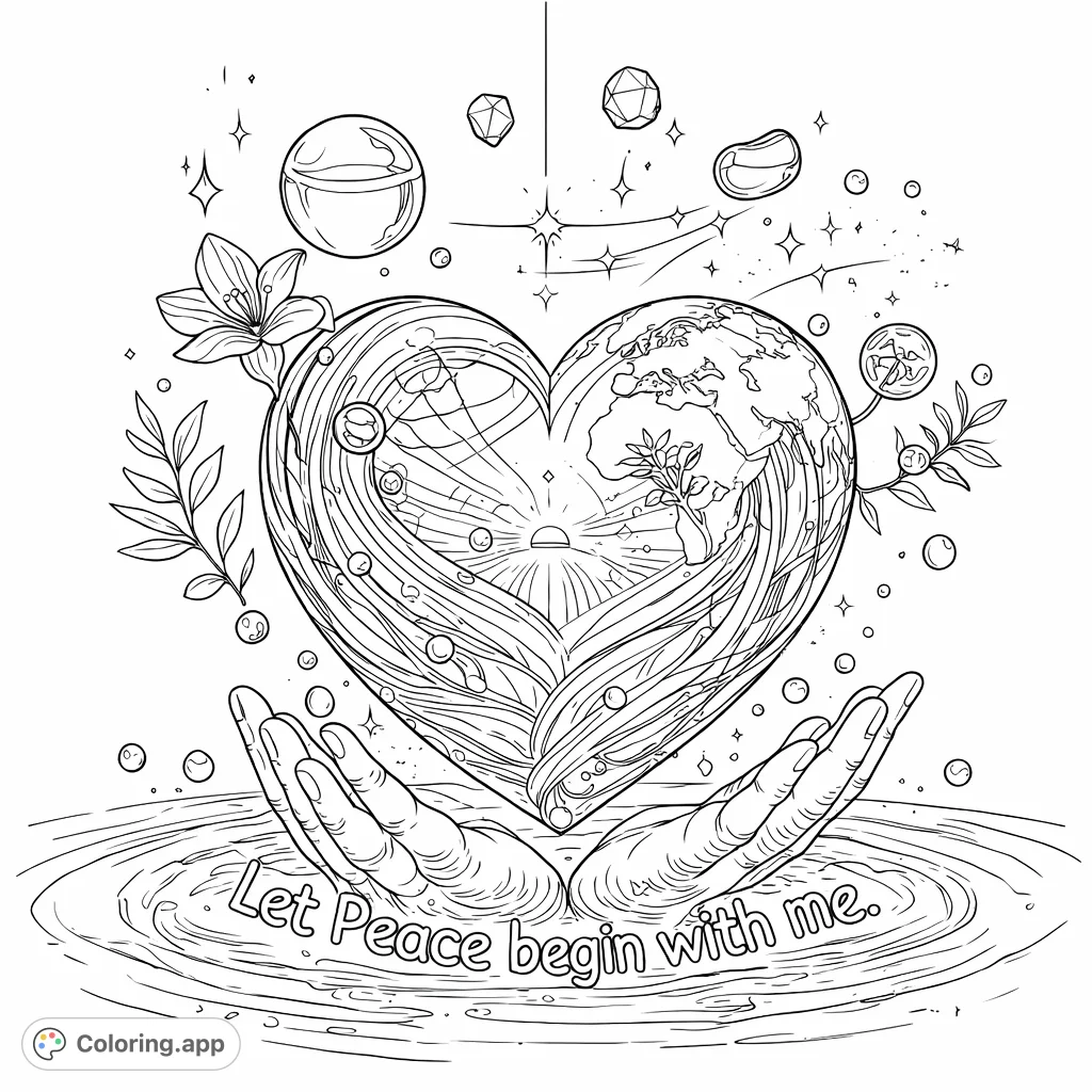 A detailed coloring page featuring a symbolic heart cradled by hands, adorned with globe patterns, botanical elements, and mystical floating shapes, promoting peace.