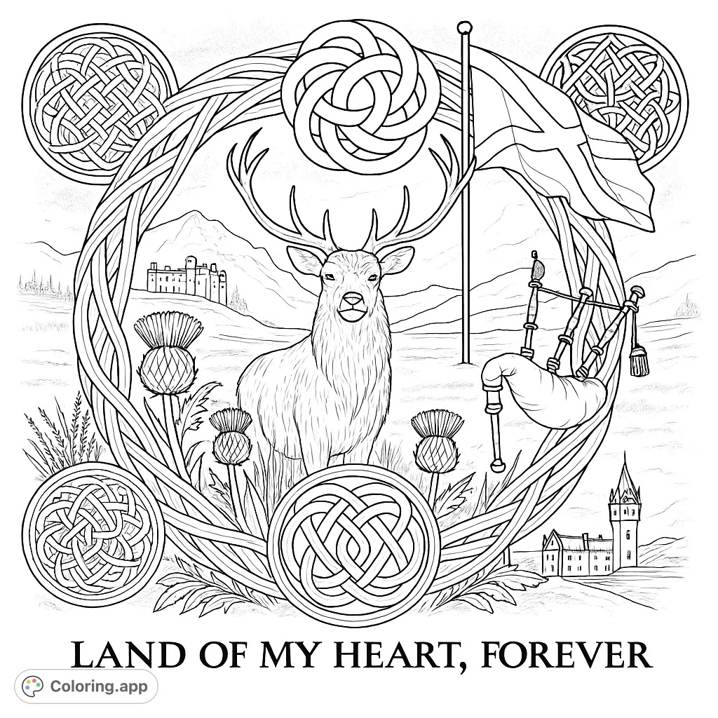 A majestic stag framed by Celtic knots and thistles, set against a Scottish highland landscape with castles and bagpipes. A rich heritage scene.