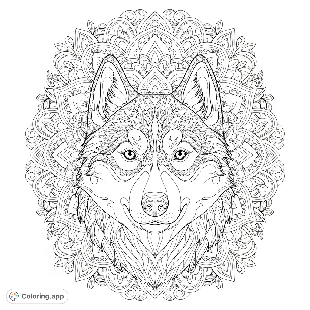 Dive into the detailed world of this husky mandala coloring page. Featuring a majestic husky face intertwined with complex patterns, perfect for mindful coloring.