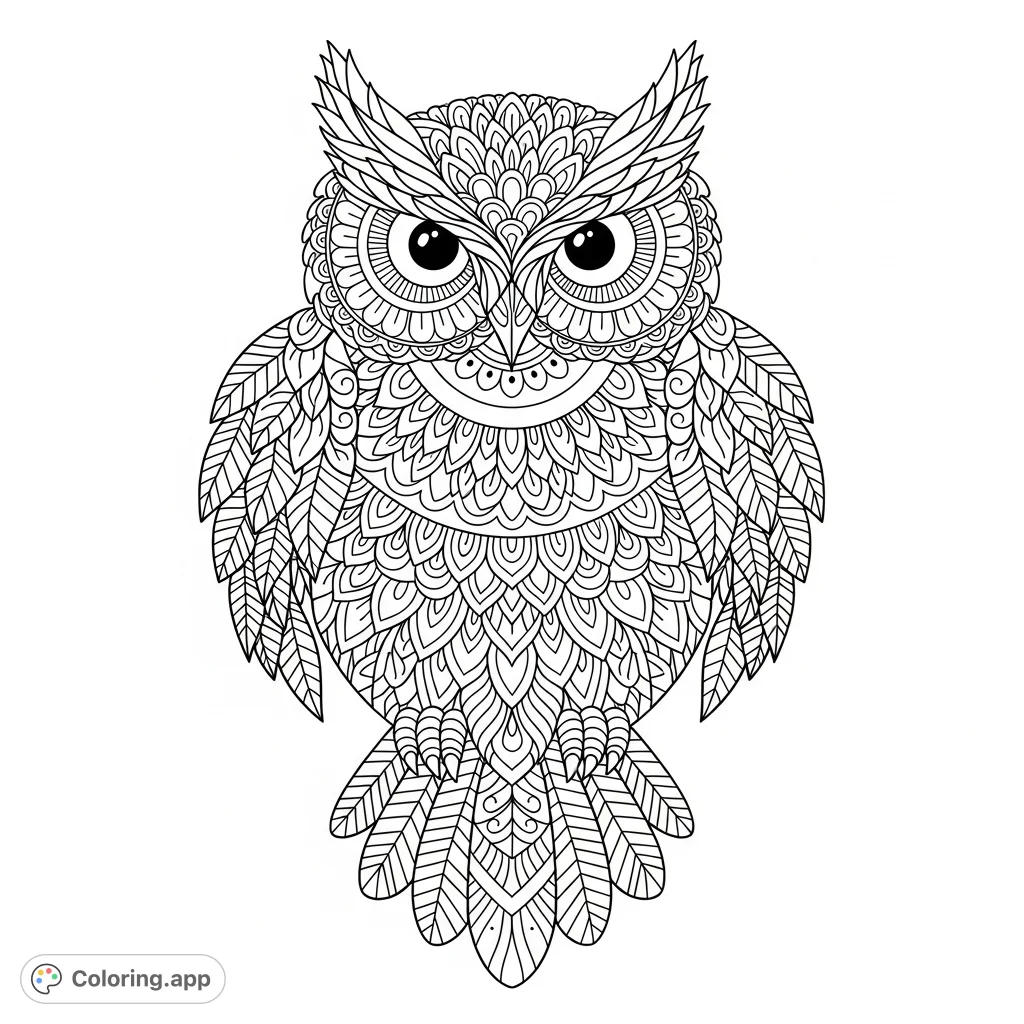 An intricate full-page mandala owl coloring page, featuring symmetrical patterns, floral motifs, and geometric shapes for a meditative coloring experience.