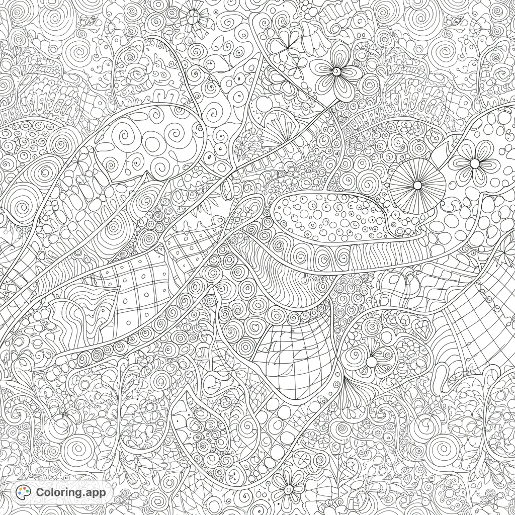 An intricate Zen tangled coloring page featuring a harmonious blend of organic and geometric patterns, perfect for mindful coloring and relaxation.
