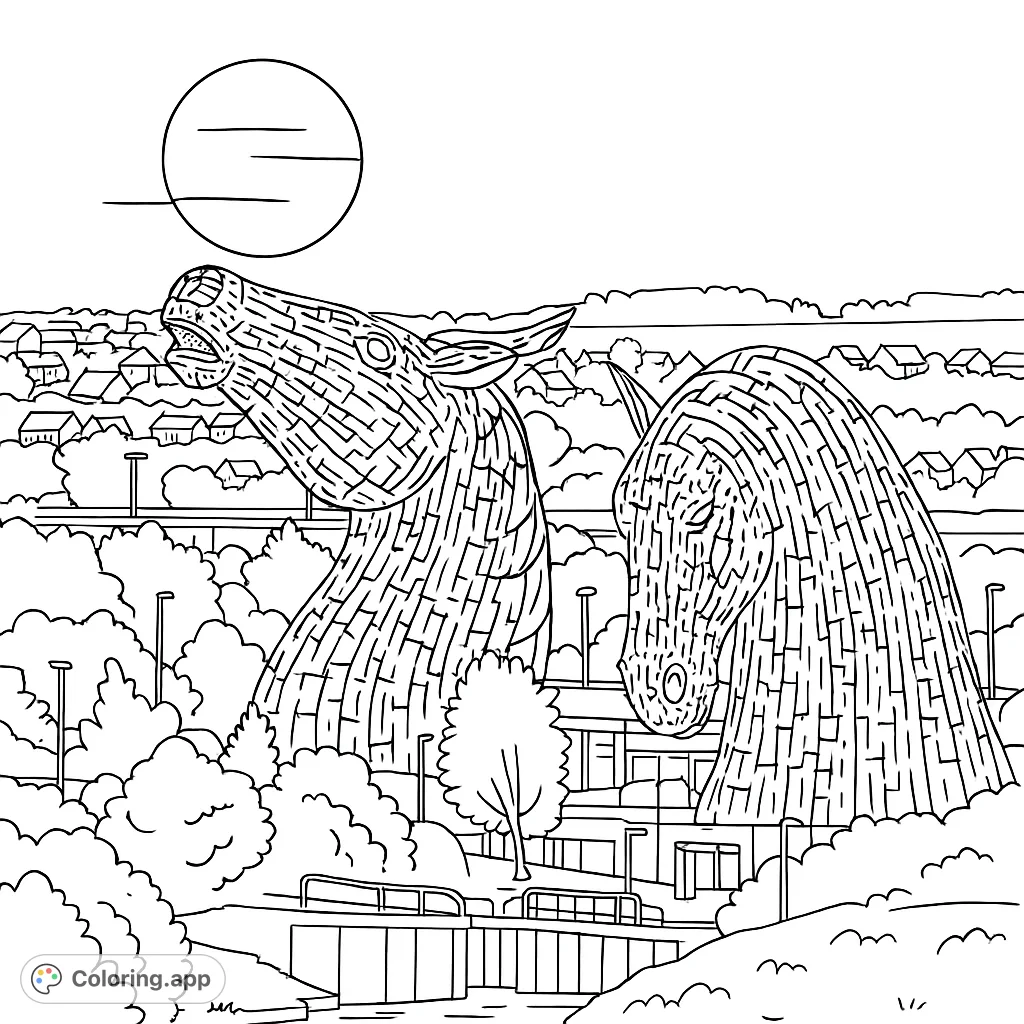 Majestic Kelpies horse heads rise above a detailed landscape with a town, trees, and water. A captivating free printable coloring page for all ages.