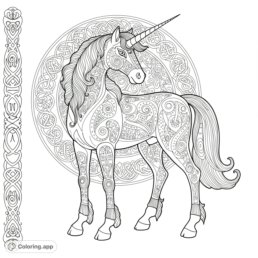 An intricate Celtic unicorn coloring page featuring detailed knotwork patterns on its body and a grand circular Celtic background. Perfect for fantasy art lovers.