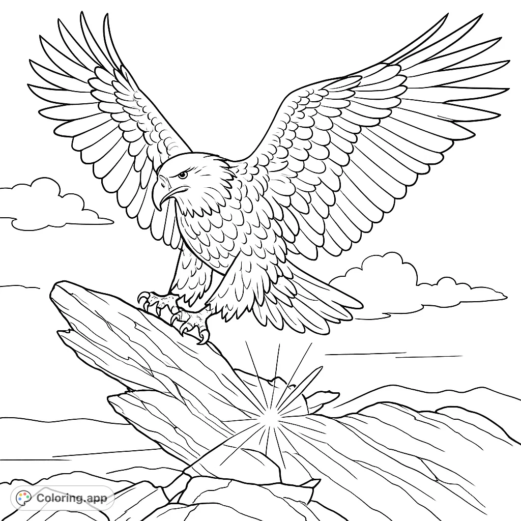 A majestic bald eagle with wings spread, landing on a rugged rock. Features a dramatic sky and distant mountains.