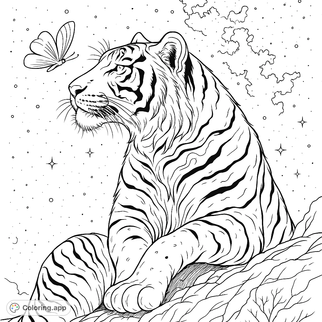 A majestic tiger sits calmly, gazing at a delicate butterfly. A serene nature scene perfect for a relaxing tiger coloring page experience.
