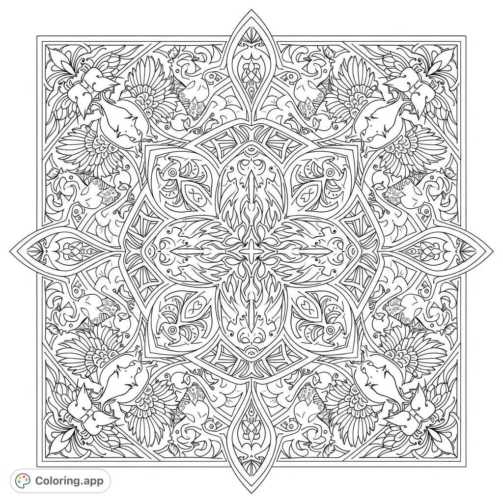An intricate square mandala featuring an array of mythical creatures and elegant patterns, inviting a detailed and meditative coloring experience.