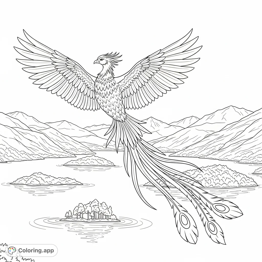 A majestic phoenix soars above the iconic Loch Lomond, featuring intricate feather details and a serene Scottish landscape. Perfect for fantasy enthusiasts.