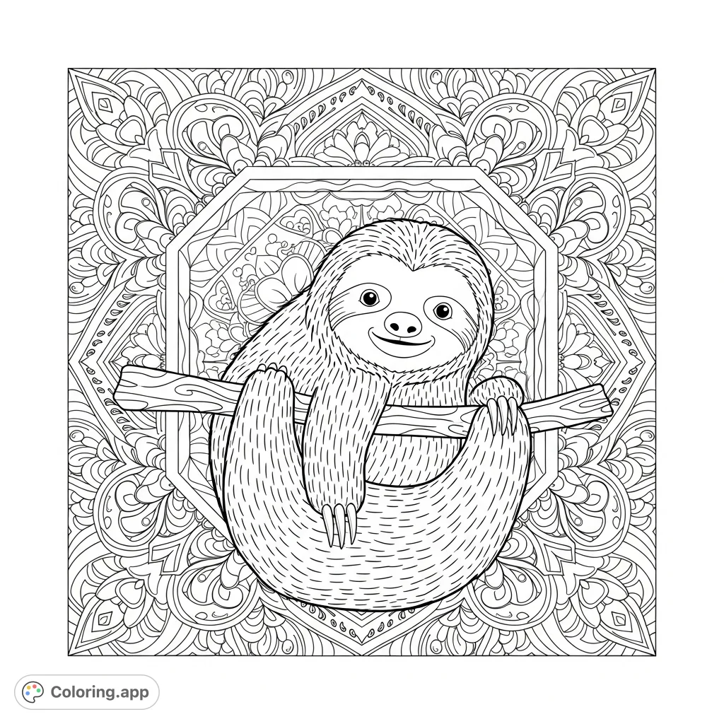 Discover tranquility with this intricate square sloth mandala coloring page. A gentle sloth at the center, surrounded by detailed geometric and organic patterns.