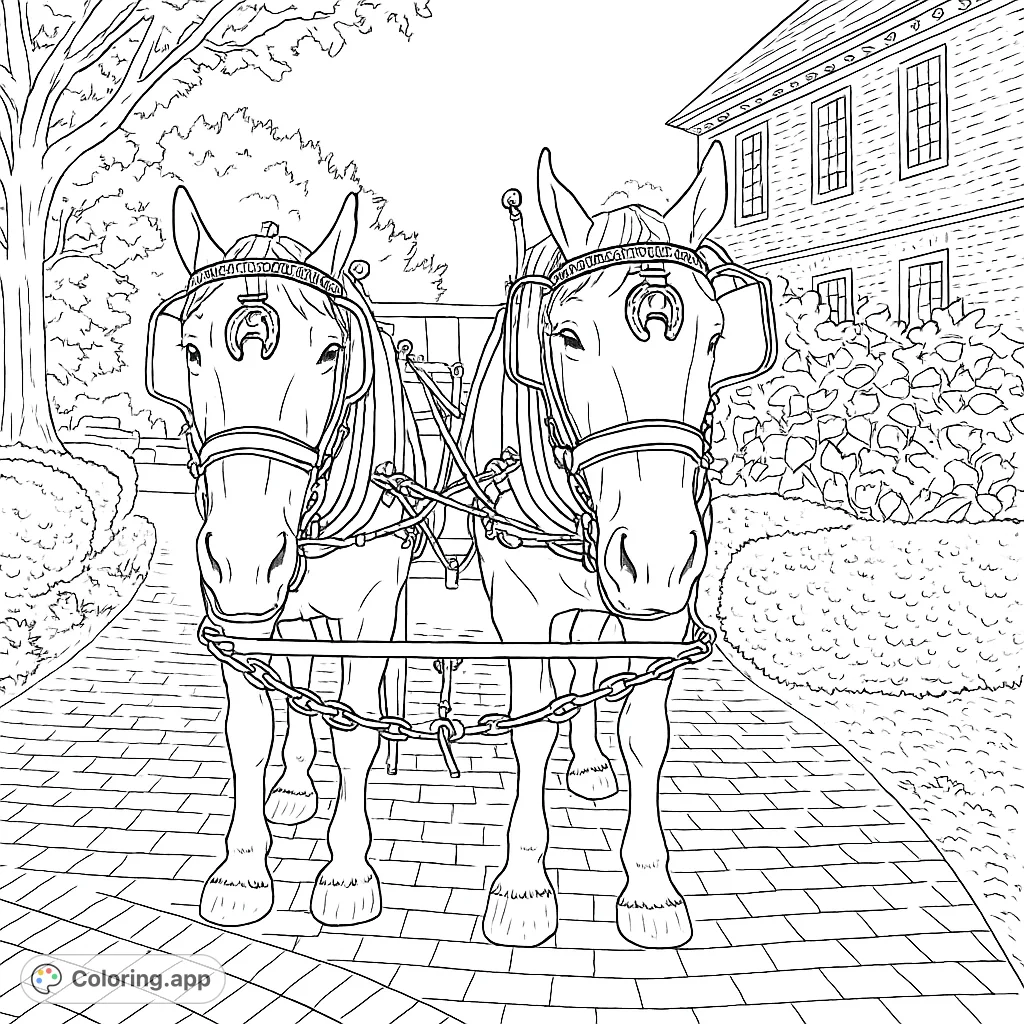 Color two majestic carriage horses in full harness, standing on a brick path before a grand building and lush gardens. A charming scene awaits your creative touch.
