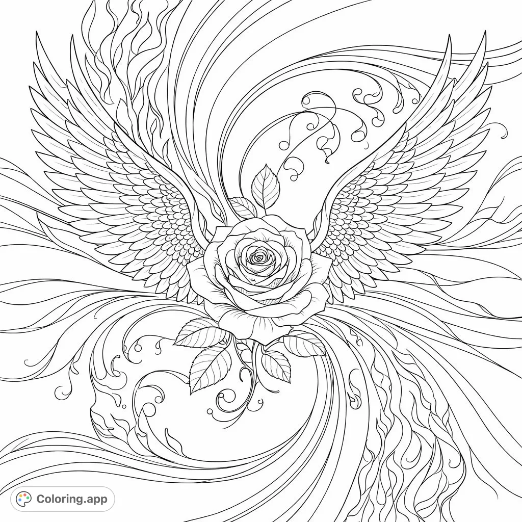 An elegant rose with majestic wings takes center stage amidst swirling, intricate patterns and fiery accents, offering a sophisticated coloring experience.