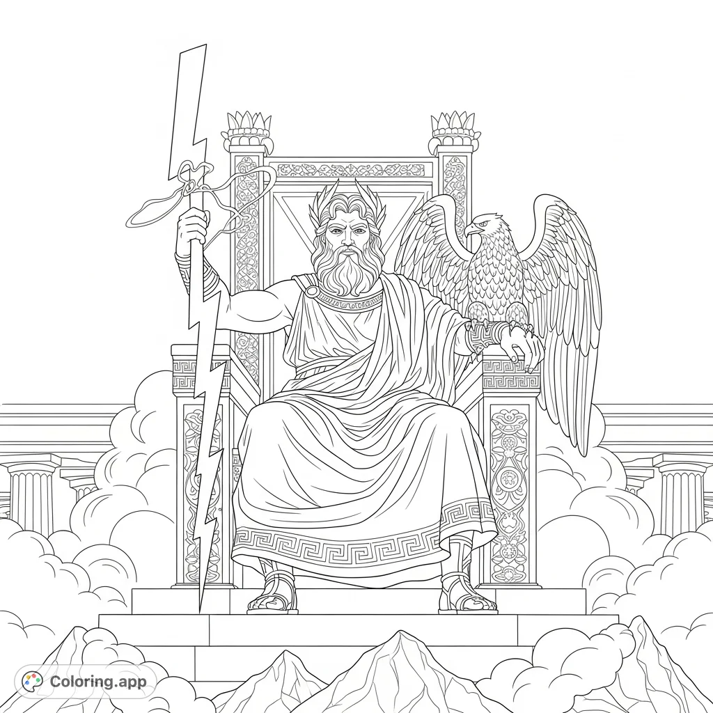 A majestic depiction of Zeus, king of the gods, seated on his throne atop Mount Olympus, surrounded by classical elements and powerful symbols.