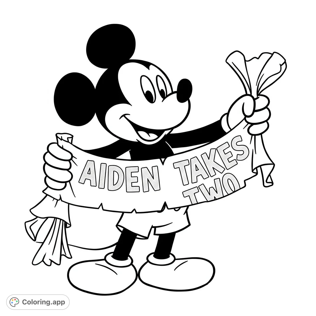 A cheerful cartoon mouse holds a blank banner, ready for your custom message. A fun, free printable character coloring page for all ages.