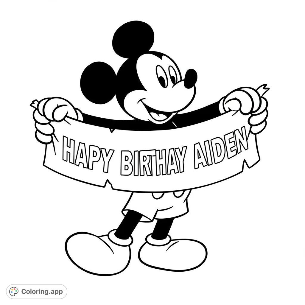A delightful Mickey Mouse coloring page featuring the iconic character holding a blank banner, perfect for personalized messages and creative fun!