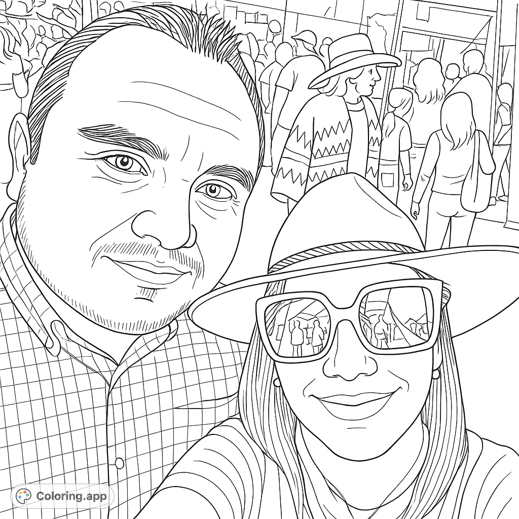 A happy couple takes a selfie amidst a bustling crowd, featuring detailed faces, hats, and reflections. A fun, free printable coloring page.
