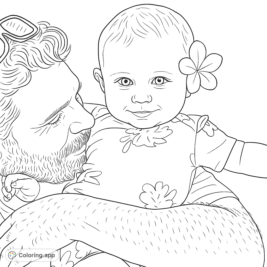 Capture a heartwarming moment: a loving parent holding a smiling baby with a flower. A beautiful, free printable family bonding coloring page.