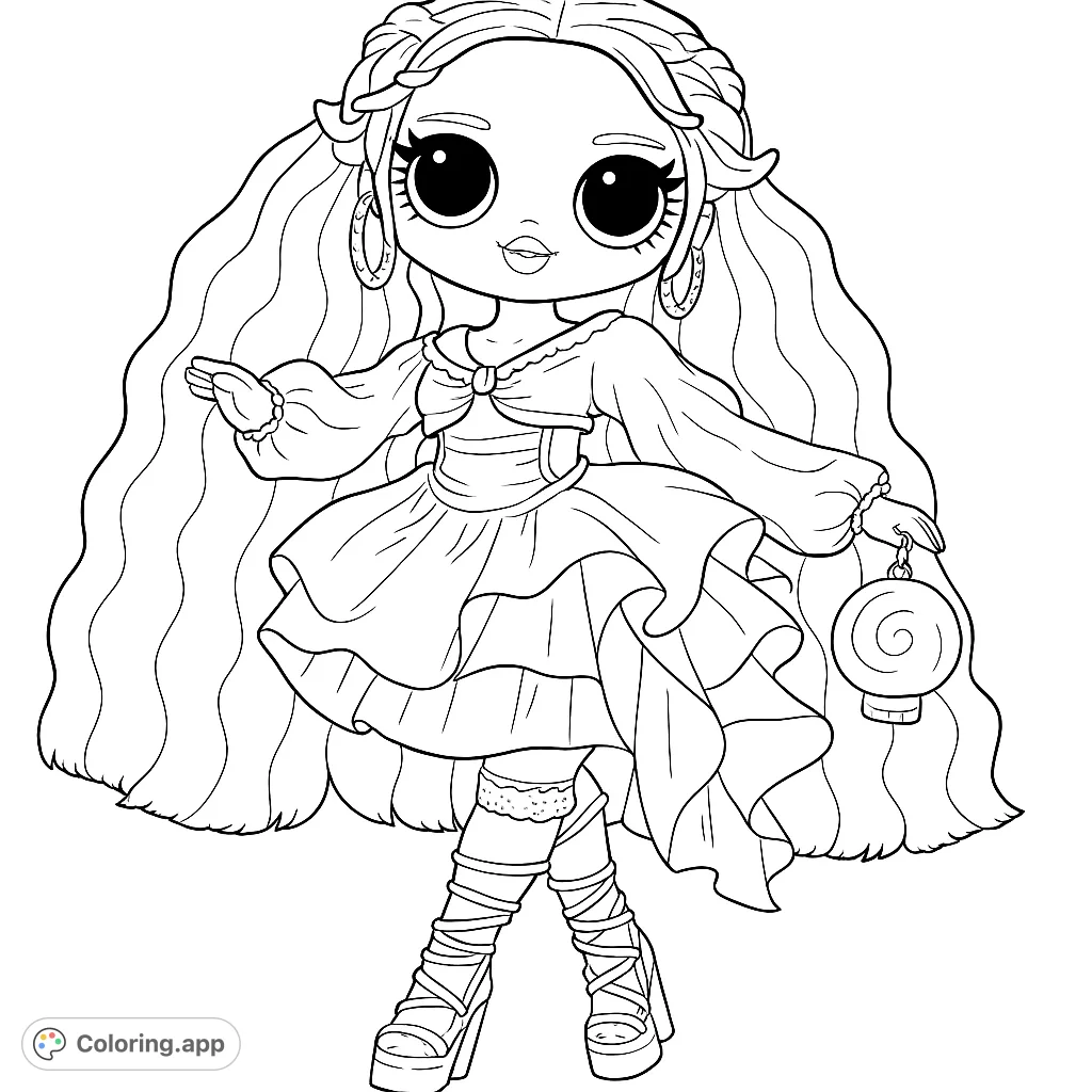 An enchanting doll with big eyes, flowing hair, and a ruffled dress, holding a whimsical lantern. A delightful free printable doll coloring page for all ages!