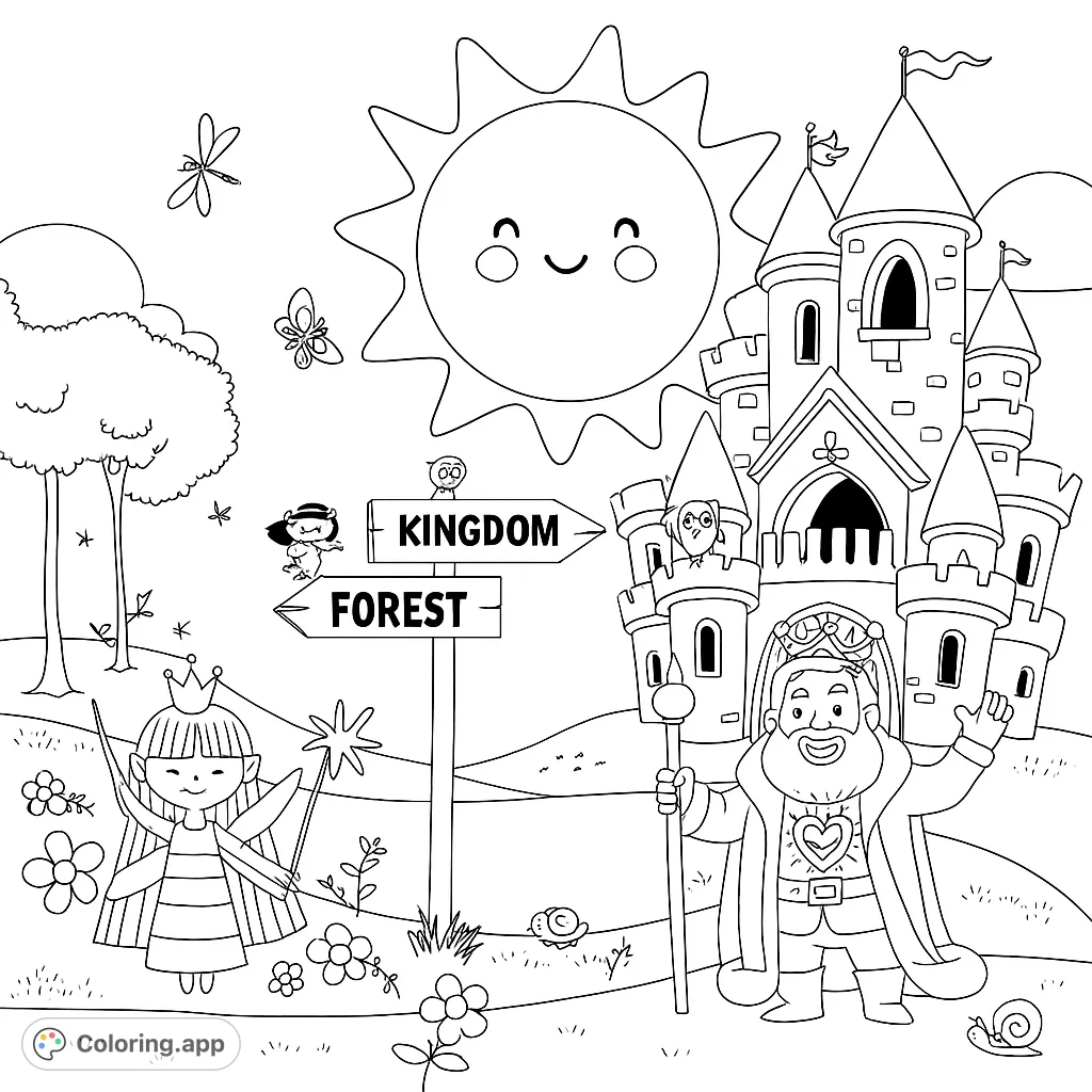 A charming fantasy scene with a princess, king, and castle under a smiling sun, perfect for magical coloring adventures.