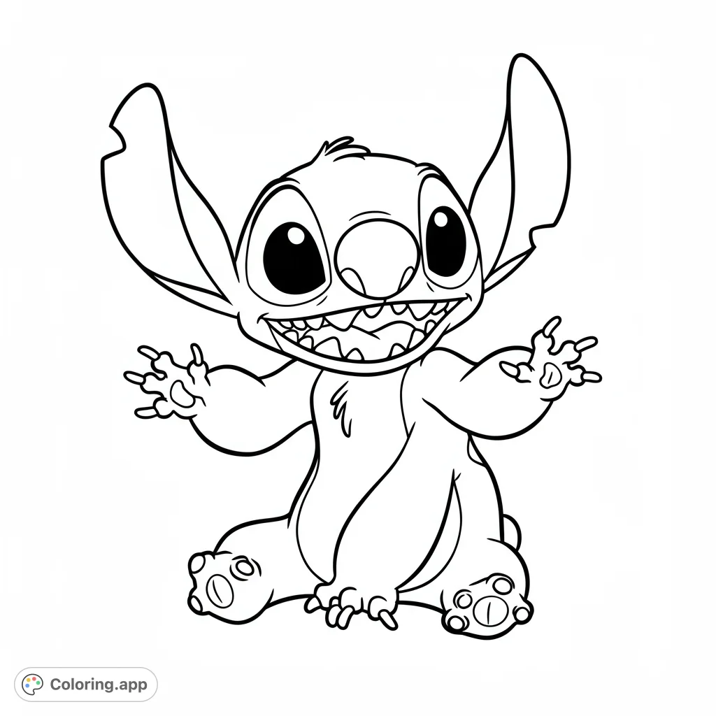 A playful alien creature, resembling Stitch, sits with a wide, toothy grin and outstretched arms, ready for a fun coloring adventure. Perfect for kids!