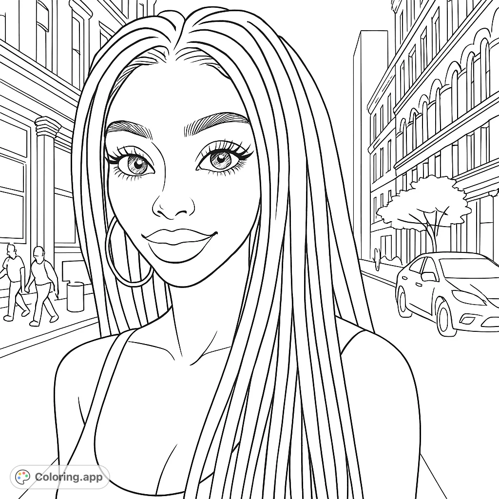 A stylish young woman with long hair and hoop earrings smiles in a vibrant city street scene, perfect for fashion and urban coloring.