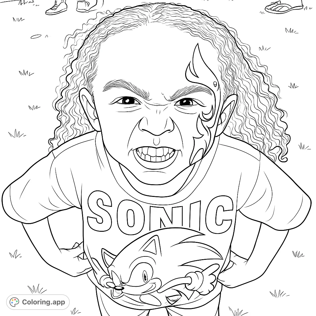 A determined child in a Sonic shirt with face paint, hands on hips, ready for action. A free printable Sonic coloring page for kids.